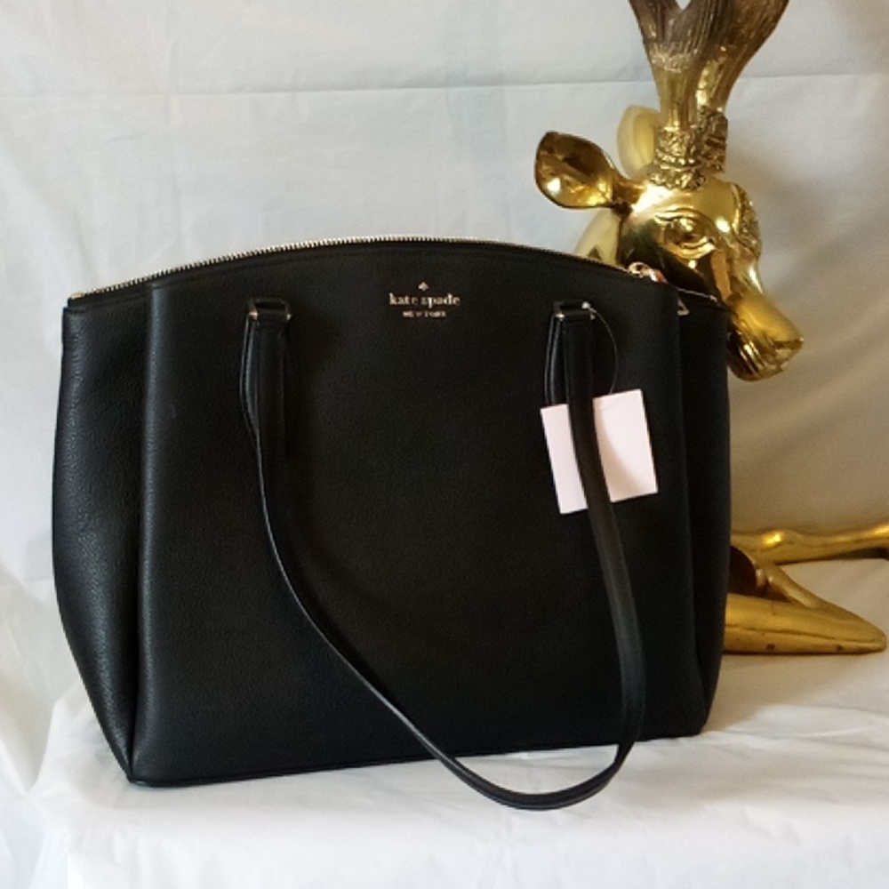 Kate Spade large 3 compartment bag in black pen led leather  tote NWT